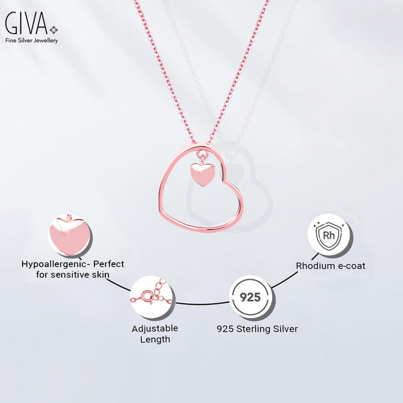 GIVA 925 Hypoallergenic Sterling Silver Rose Gold Heart Necklace for Women and Girls