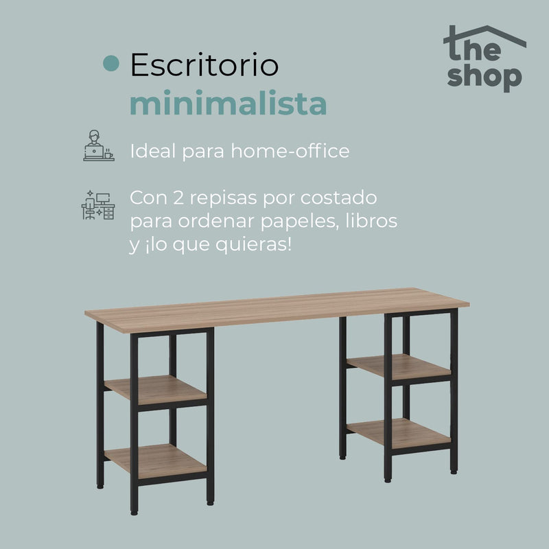 Minimalist desktop inhabits The Shop - Ideal for Home Office - Modern Work Table - 2 Entrapaños on each side - Metal Structure - Covered in MDF and Texturized Laminate (Dark Cafe)