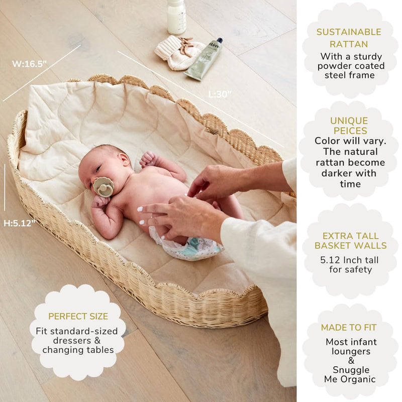 Bebe Bask Premium Baby Changing Basket Artisan Crafted Scalloped Rattan Diaper