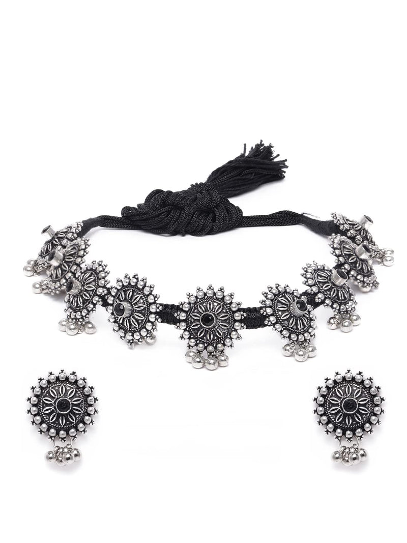 Oxidized Sunflower Choker Necklace Set with Earrings