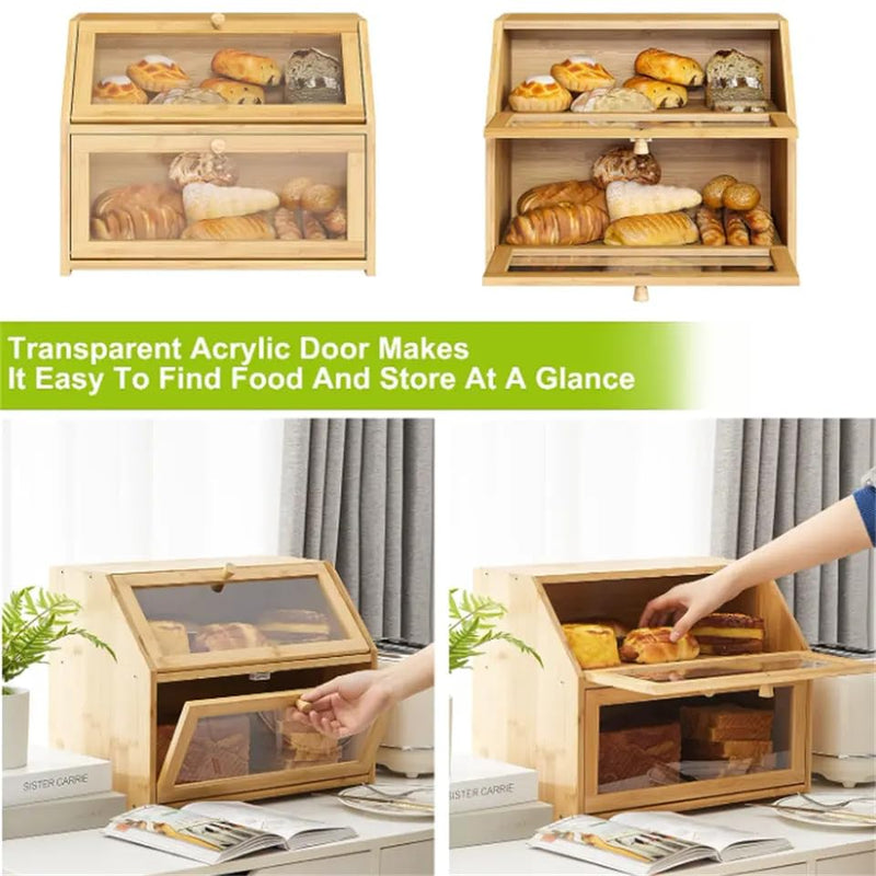 Large Bamboo Double Layer Bread Box with Clear Window