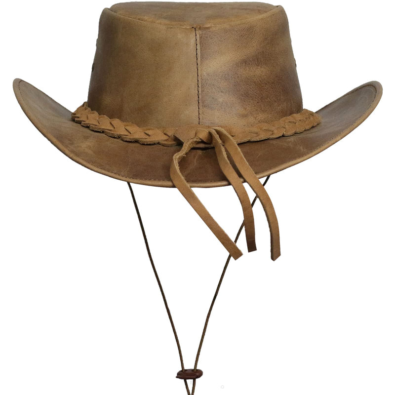 Brandslock Cowboy Hat Leather Outback Sun Hat With Chin Cord Tan Small