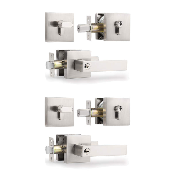 Knobonly Square Lever Door Handle Set with Deadbolt Brushed Nickel