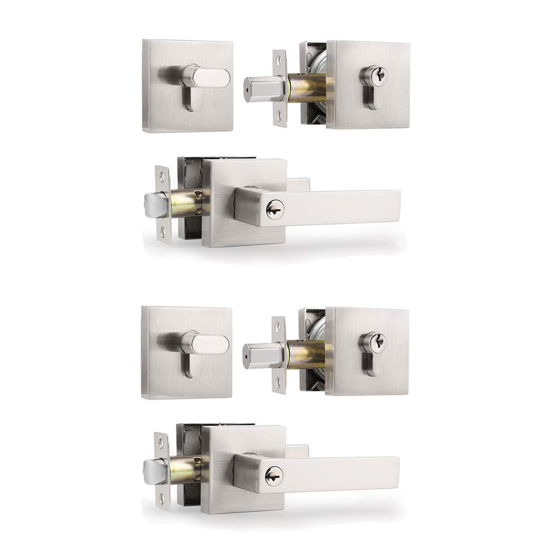 Knobonly Square Lever Door Handle Set with Deadbolt Brushed Nickel