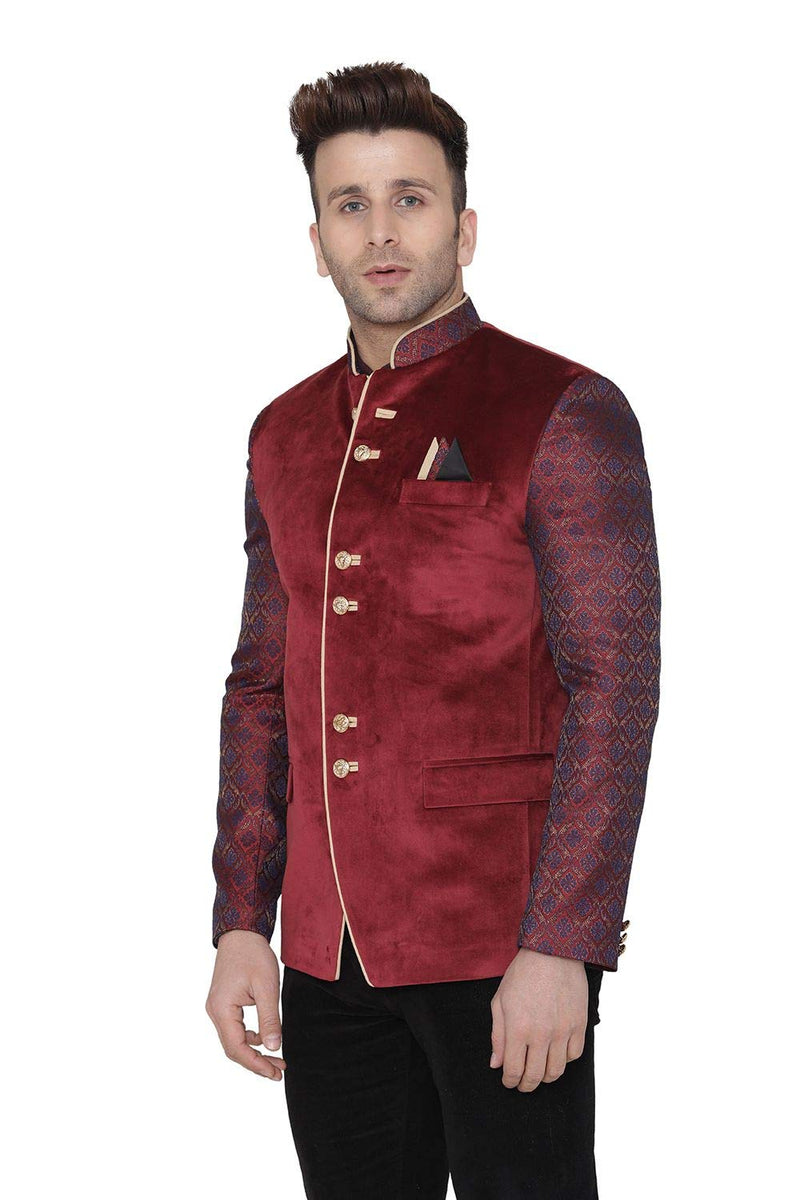 WINTAGE Men's Velvet Casual and Festive Indian Jodhpuri Blazer Maroon