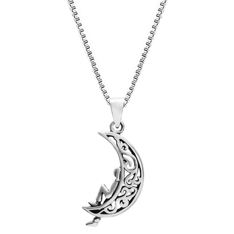 Giva 925 Oxidised Silver Hypoallergenic Unwind Moon Pendant Box Chain Necklace