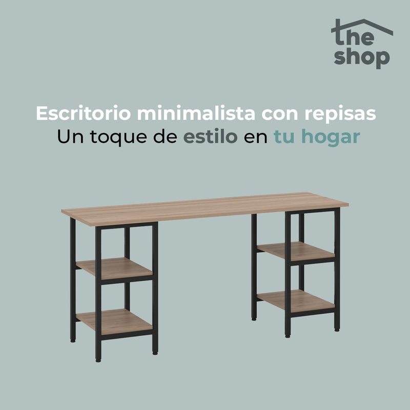 Minimalist desktop inhabits The Shop - Ideal for Home Office - Modern Work Table - 2 Entrapaños on each side - Metal Structure - Covered in MDF and Texturized Laminate (Dark Cafe)