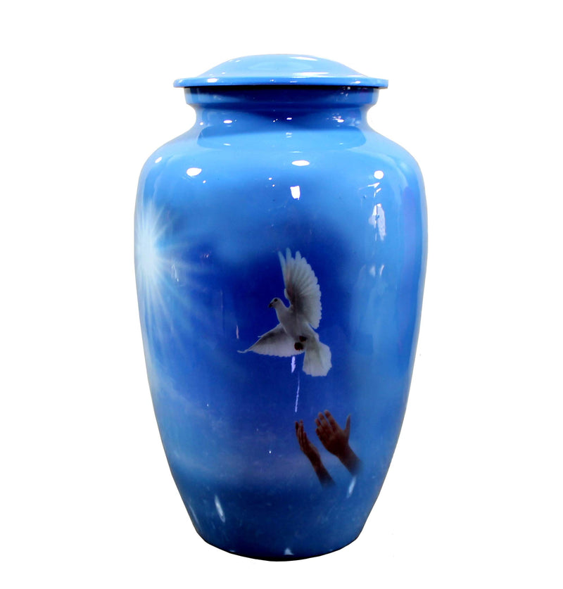 Esplanade Metal Cremation Urn White Pigeon Print Blue 10 Full Size Memorial Jar