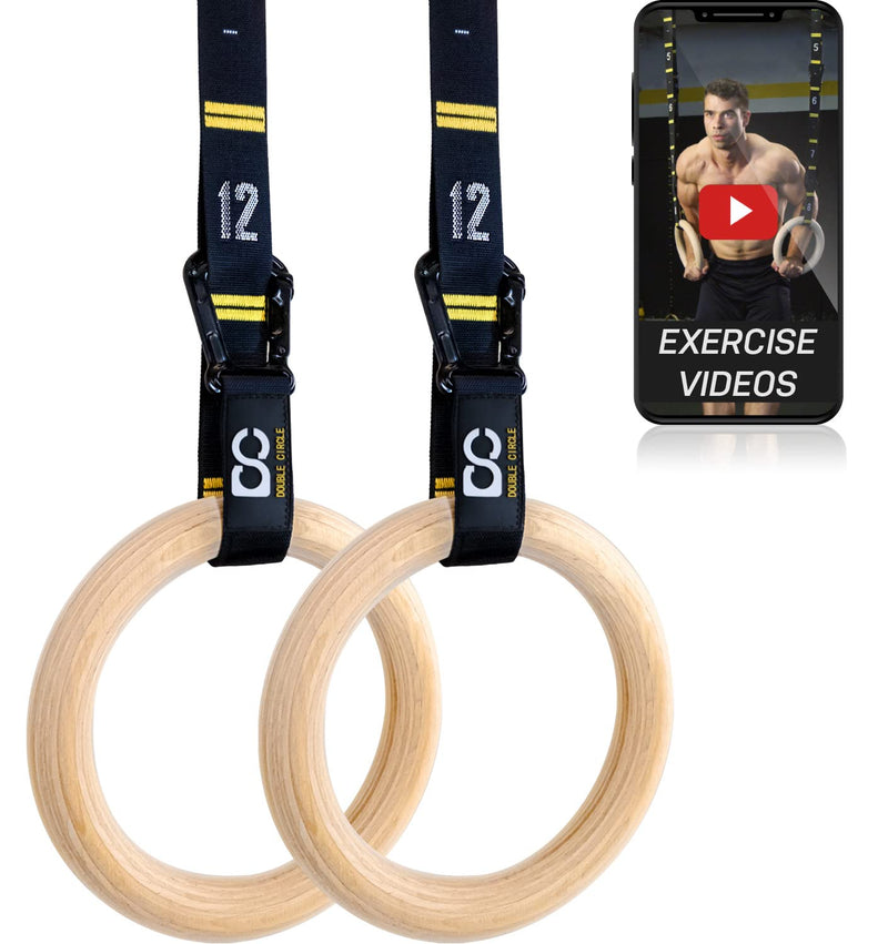 Double Circle Wood Gymnastic Rings 1.25 Inch with Quick Adjust Numbered Straps