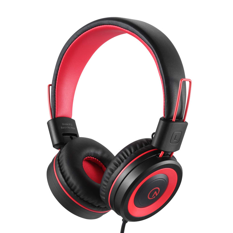 Kids On-Ear Headphones with Microphone - Adjustable Volume (Red Black)