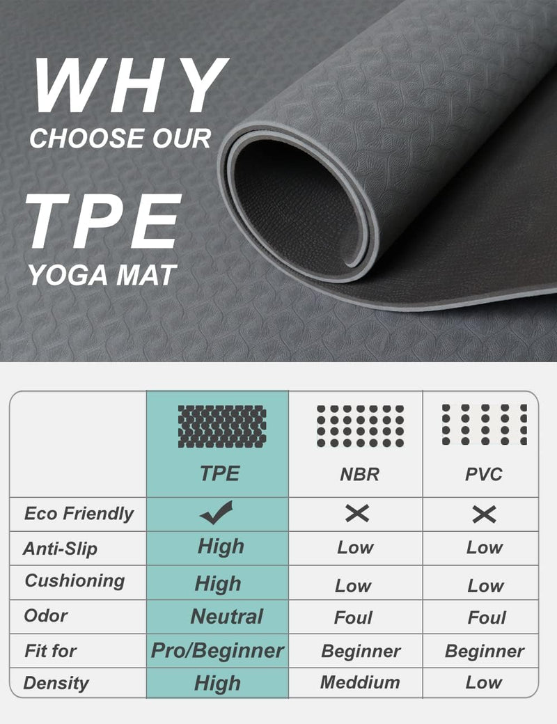 Gray Non-Slip TPE Extra-Wide Yoga Mat with Carrying Strap