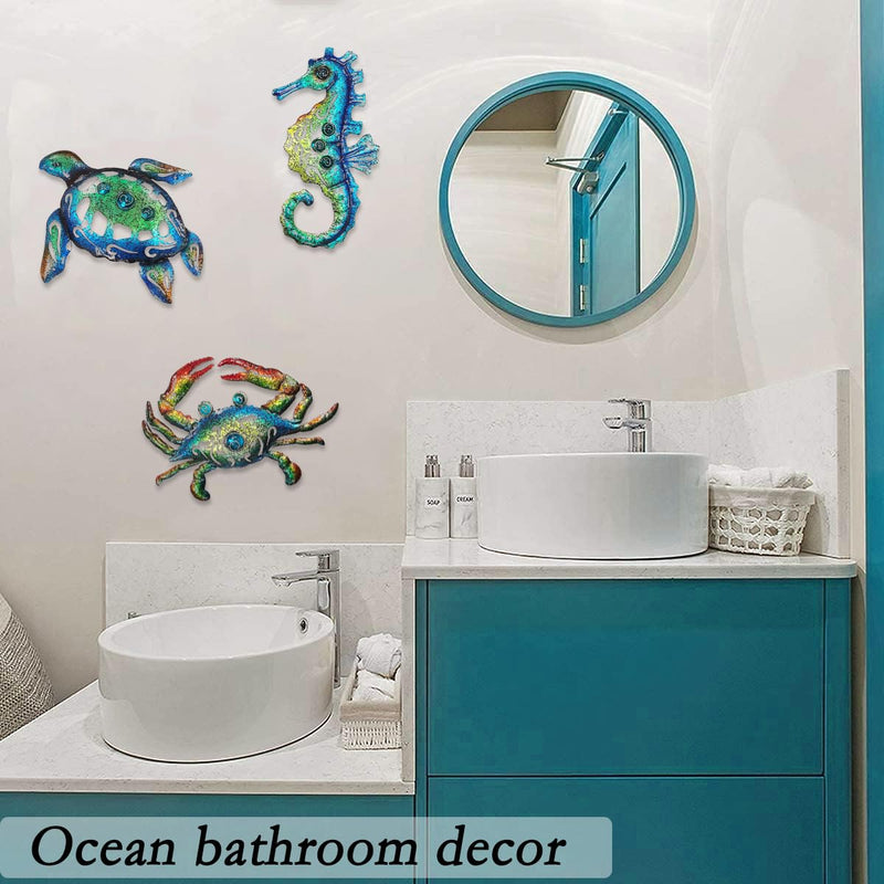 Weibefee Metal Sea Turtle Seahorse Crab Beach Themed Bathroom Wall Art Decor