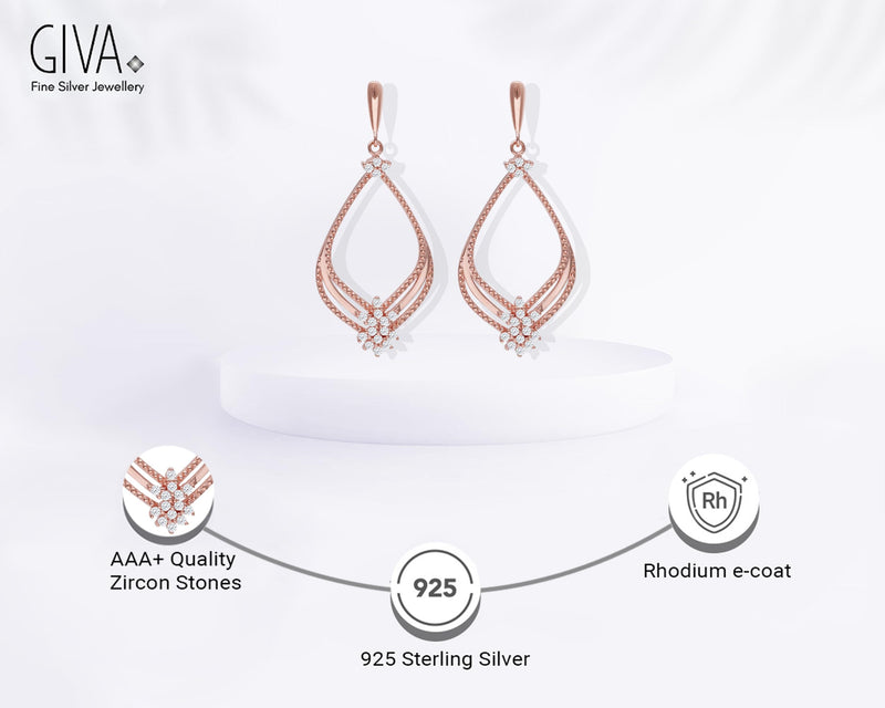 GIVA Hypoallergenic 925 Sterling Silver Rose Gold Princess Earrings (AAA+ Quality Zirconia Stone)