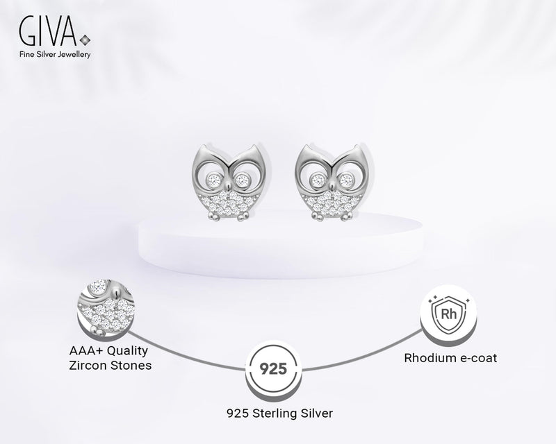 GIVA 925 Sterling Silver Hypoallergenic Stud Earrings for Women and Girls Sparkling Owl