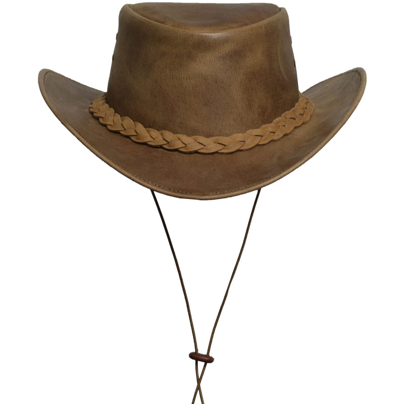 Brandslock Cowboy Hat Leather Outback Sun Hat With Chin Cord Tan Medium