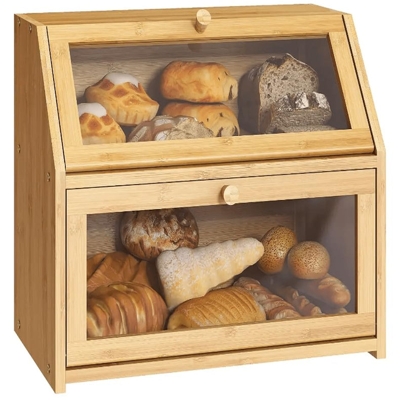 Large Bamboo Double Layer Bread Box with Clear Window