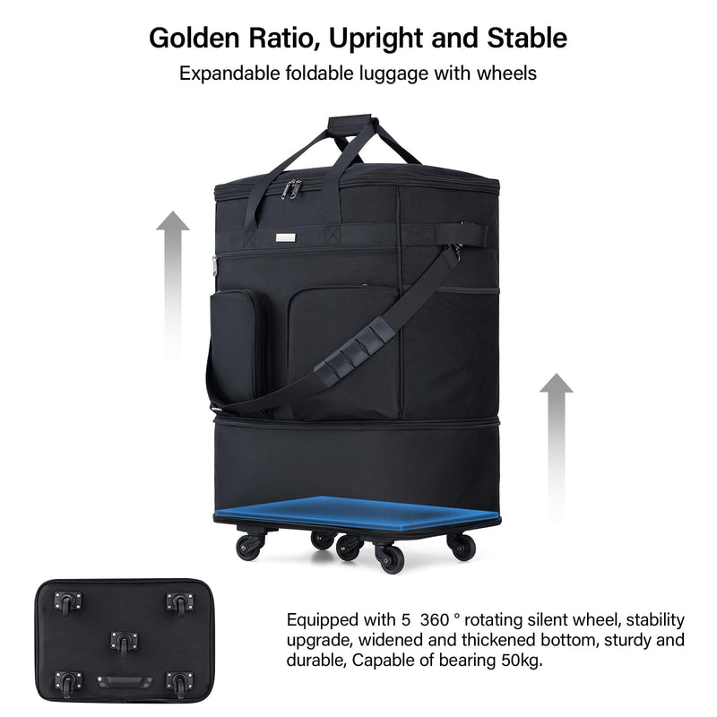 Hanke Expandable Foldable Rolling Travel Bag, Black, 68L-98L