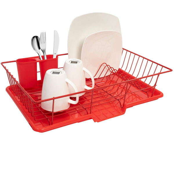 Red Metal Dish Drainer Set with Drying Board & Utensil Holder