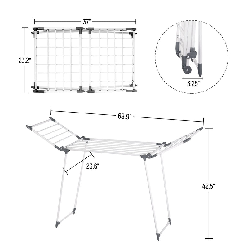 Space-Saving Gray Gullwing Clothes Drying Rack with Sock Clips