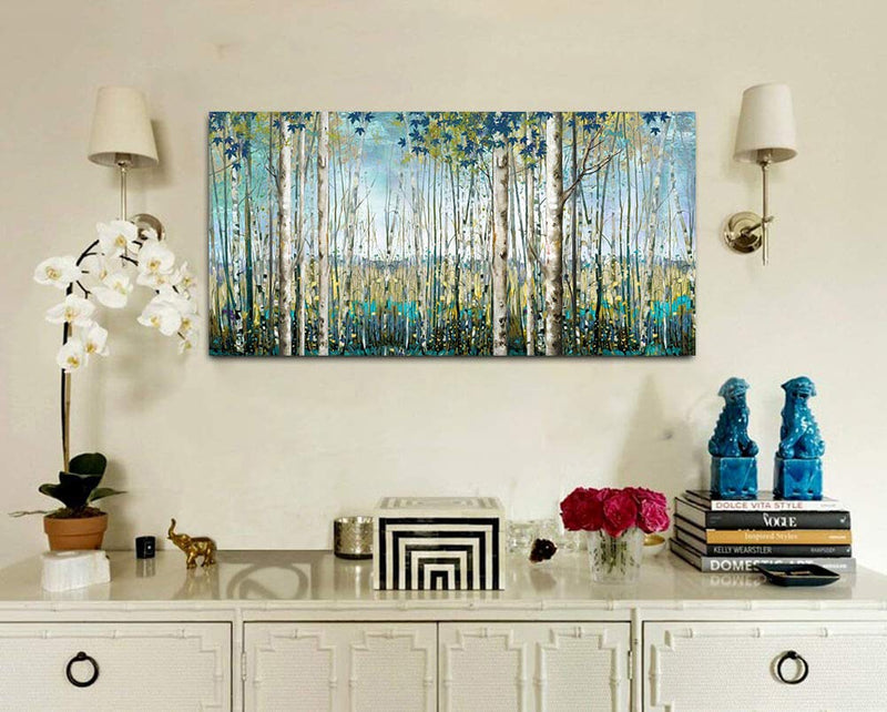 Large Birch Forest Canvas Wall Art - 24x48 Hand-Painted Landscape