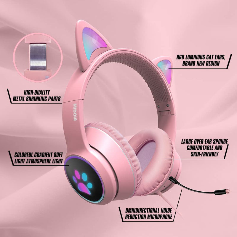 Pink Cat Ear LED Headset with 7.1 Surround Sound & Mic