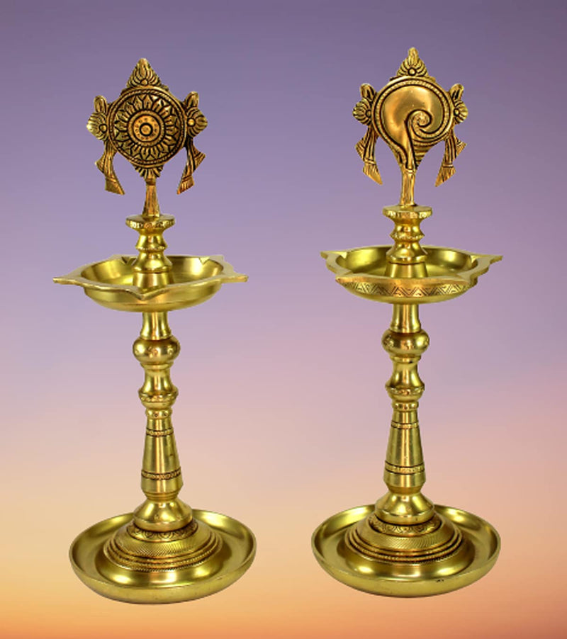 Brass Oil Lamps Shankh Chakra Narayan Diya Deepam Kuthu Vilakku 13 Inches