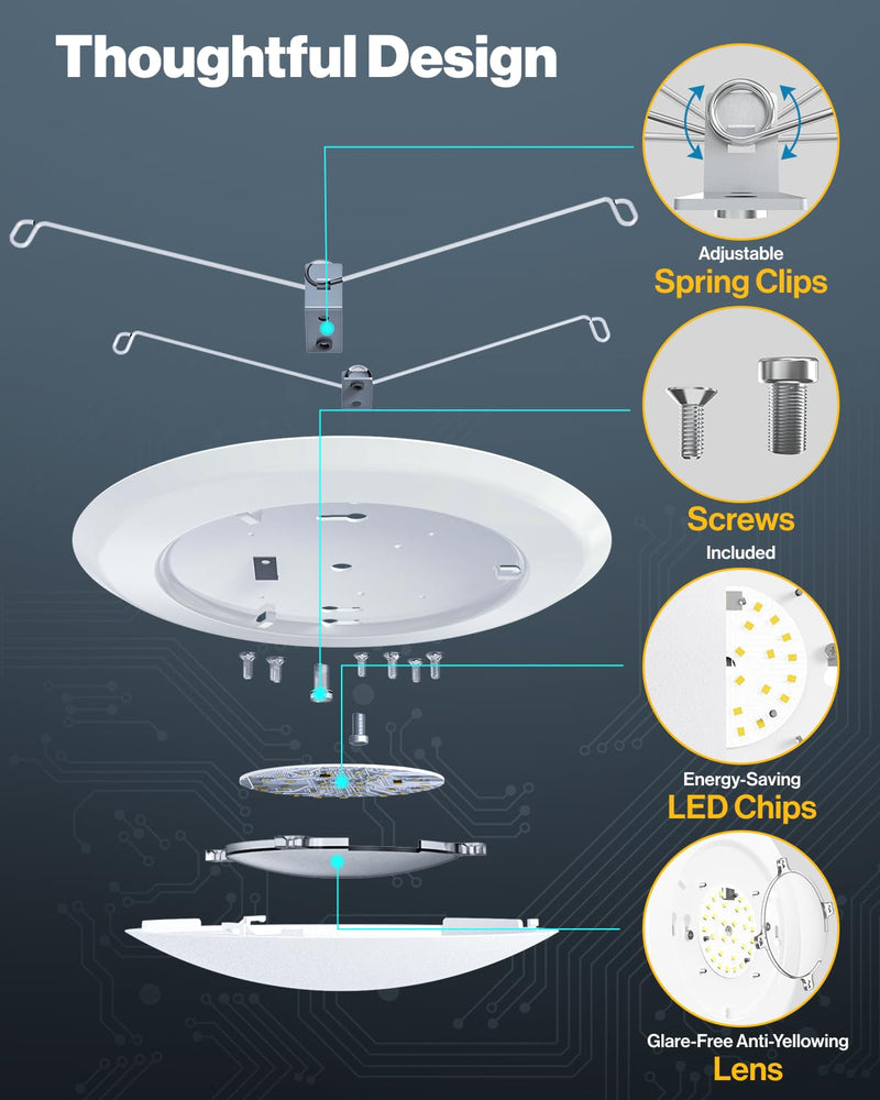 Sunco 6 Pack 5/6 Inch LED Disk Lights Flush Mount Disc Recessed Ceiling Can Lighting