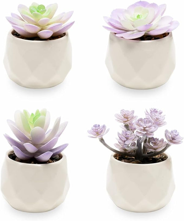 VIVERIE Artificial Purple Cactus Plant in White Ceramic Pots Set of 4