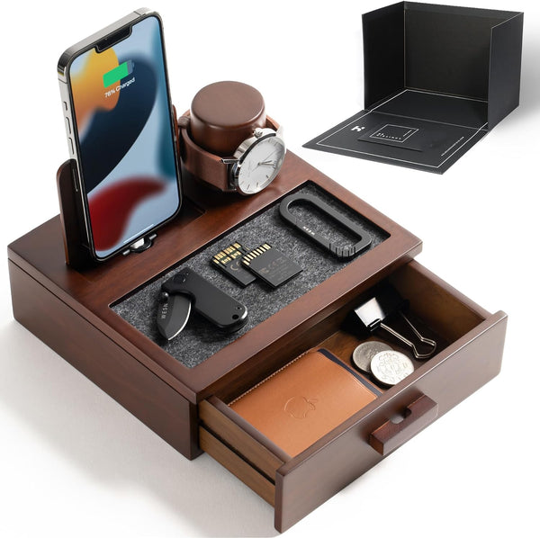 Nightstand Organizer For Men - Unique Birthday Gift - Wood Phone Docking Station To Charge Your Phone And Organize Your Watch & Accessories - Wood Charging Station With Lined Tray & Drawer Walnut Color Walnut Size One Size