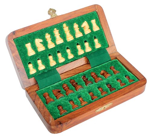 Magnetic Wooden Chess Set with Crafted Pieces, 7" x 7"