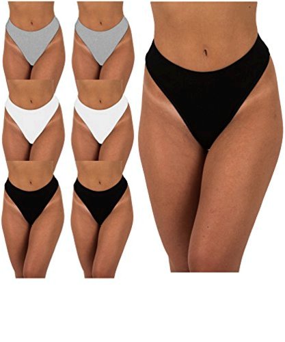 6 Pack Women's Medium Athletic Thong Underwear Black White Grey