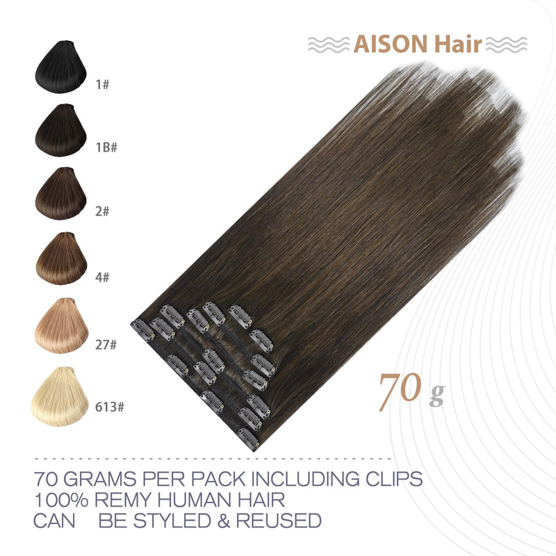 Aison Medium Brown 18 Inch Remy Human Hair Clip-In Extensions 70g