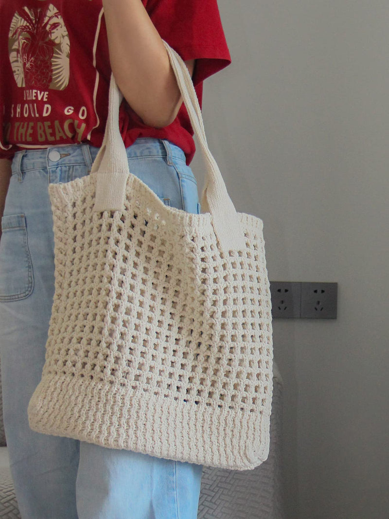 Enbei Women's Large Beach Tote Bag White Crocheted Aesthetic Shoulder Handbag