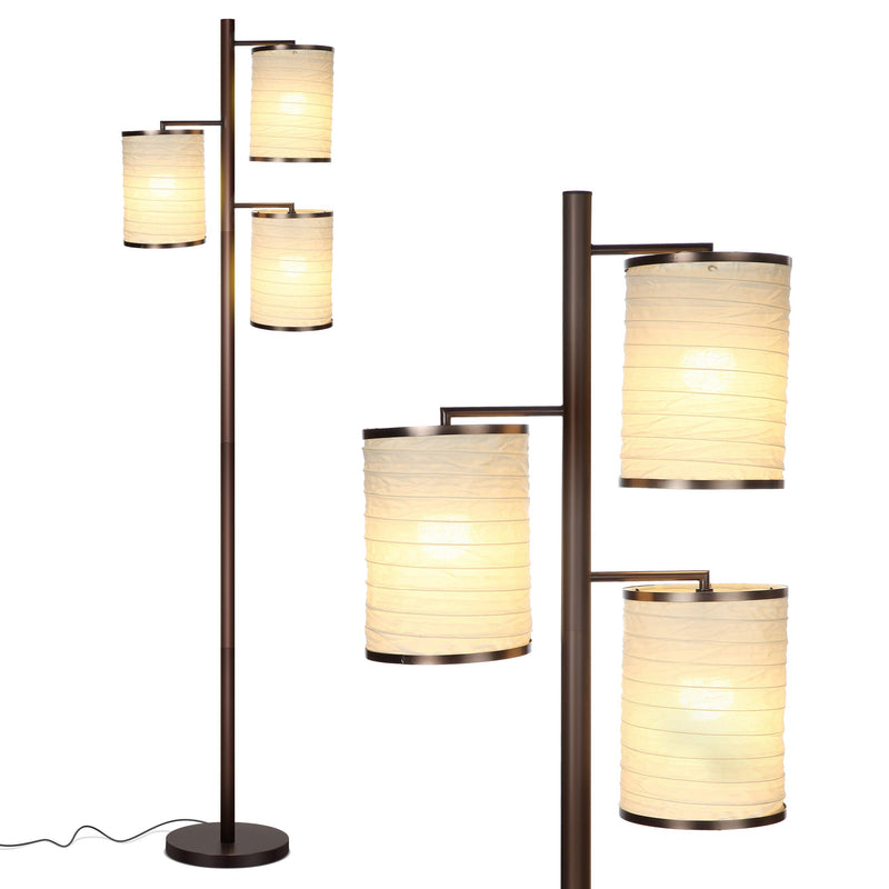 Brightech Liam Asian Lantern Shade Floor Lamp with 3 LED Bulbs Black