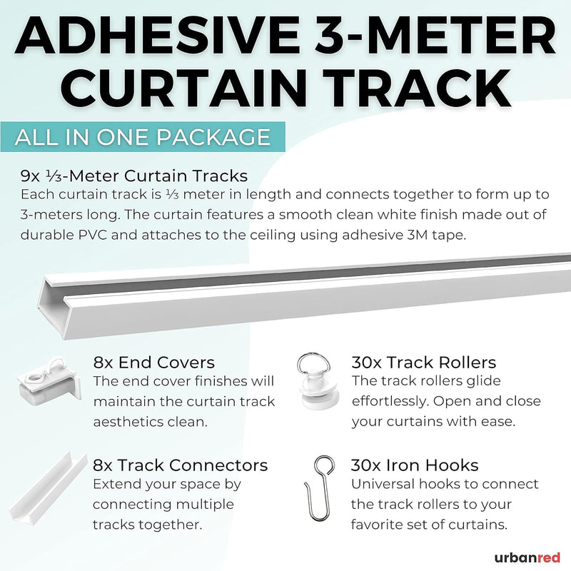 Self Adhesive Curtain Track 9.8FT (3m) for Smooth Ceiling Or Wall- No Drill, Screws, Ceiling Curtain Track, Curtain Rods