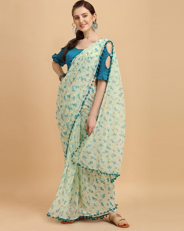 Floral Print Saree With Lace Border Fs