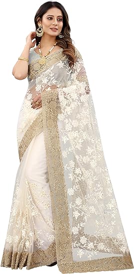 Craftstribe Net Saree Resham Zari Embroidery Sari  Blouse White Off White 1