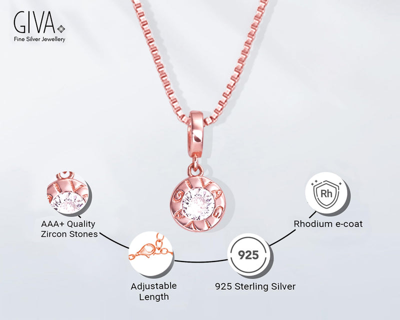 GIVA 925 Hypoallergenic Sterling Silver Rose Gold Minimal Zircon Pendant with Link Chain