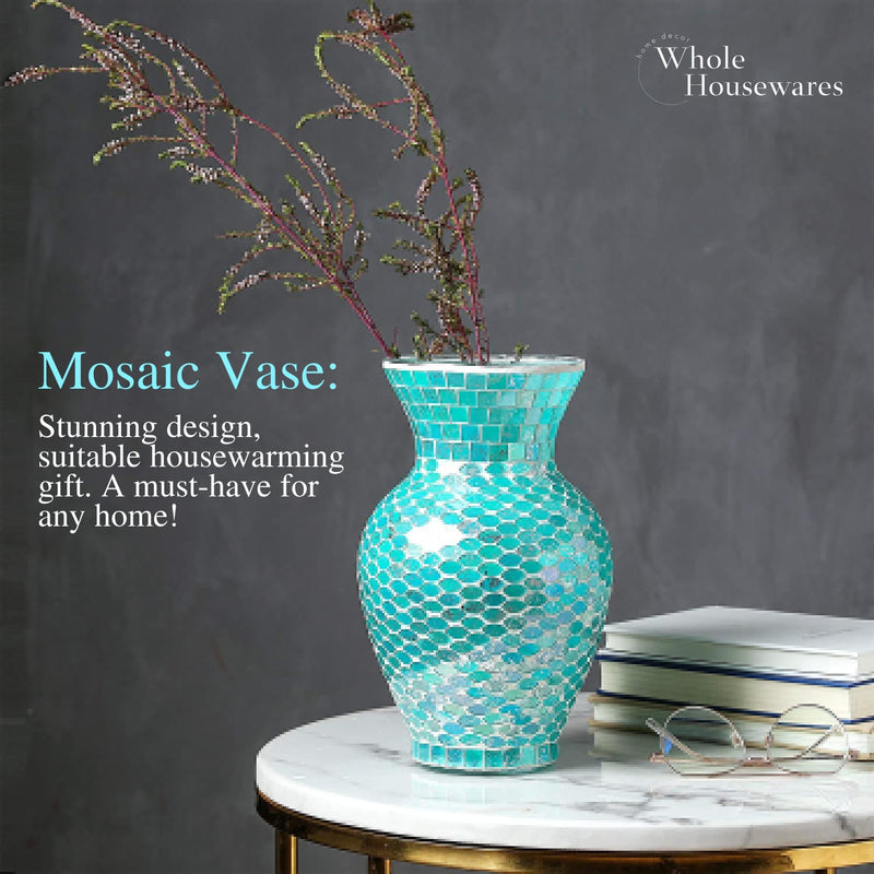 Hand-made 10.5 Inch Blue Mosaic Glass Vase for Home Decor