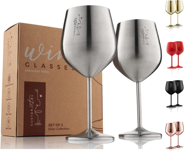 2 pack Silver Gusto Nostro Stainless Steel Wine Glass - 18 oz - Unbreakable Wine Glasses for Travel