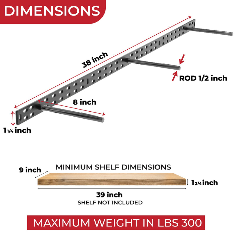 Set of 2 Heavy Duty Floating Shelf Brackets 38 Inch 8 Inch Rods Multimount