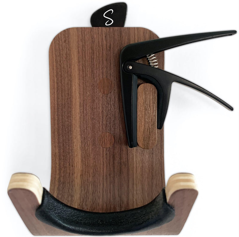 Walnut Guitar Wall Hanger with Pick & Capo Storage