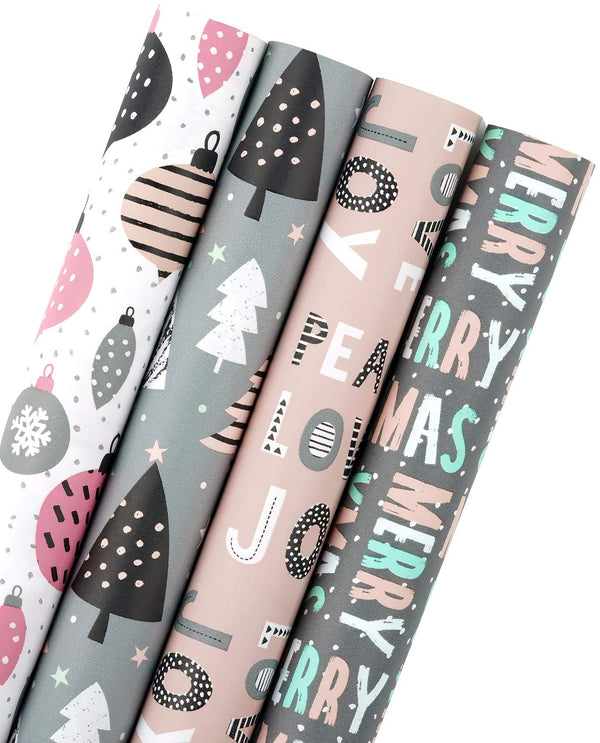 Rustic Kraft Pink & Grey Christmas Wrapping Paper Set - 4 Rolls