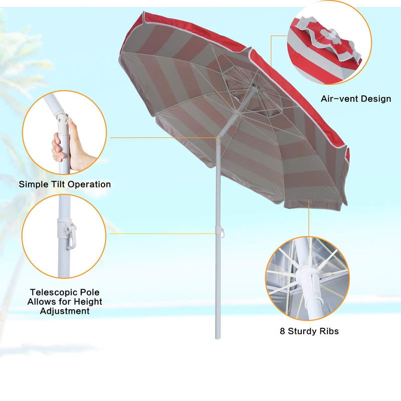 6ft Red Stripe Beach Umbrella with Tilt & Windproof Features