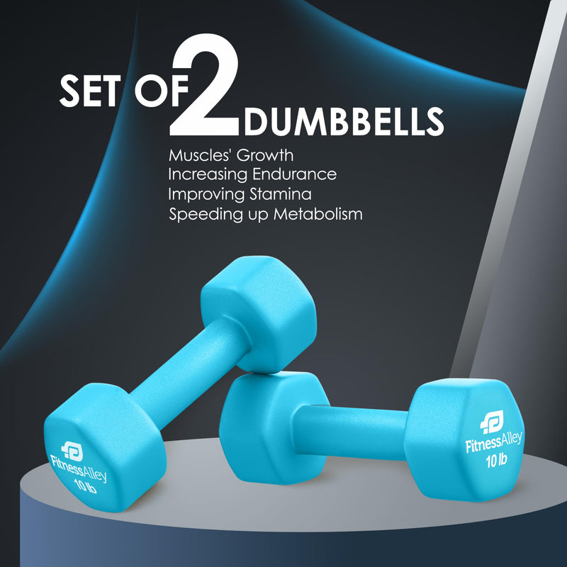 Fitness Alley Neoprene 10lb Dumbbells Set of 2 Anti Roll Hex Hand Weights