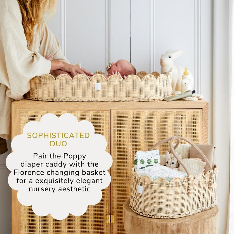 Bebe Bask Baby Diaper Caddy Organizer Artisan Crafted Scalloped Rattan Elegant