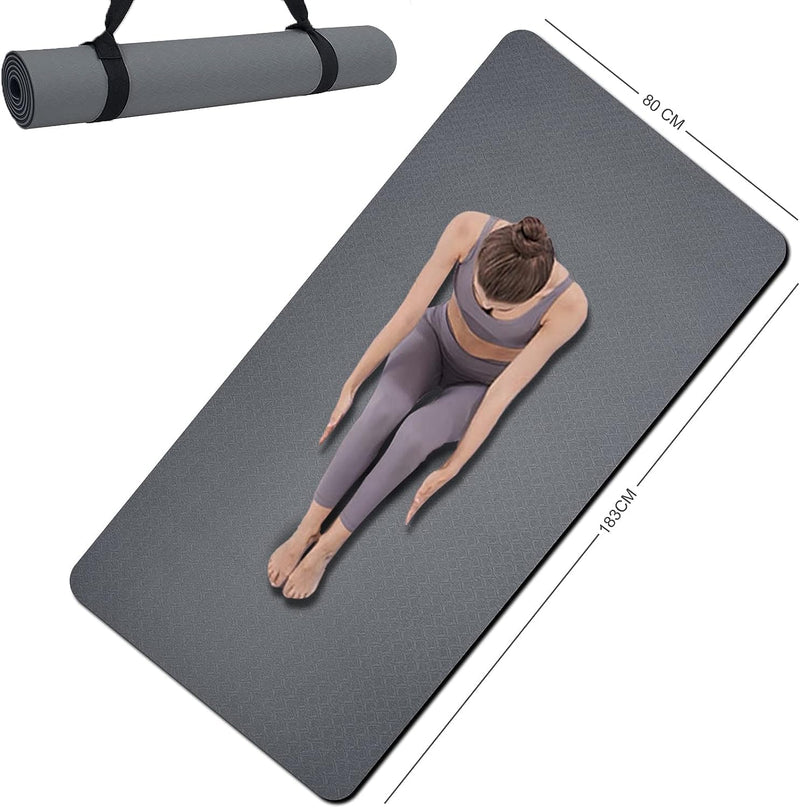 Gray Non-Slip TPE Extra-Wide Yoga Mat with Carrying Strap