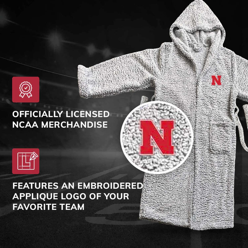 Nebraska Cornhuskers Plush Hooded Sherpa Bath Robe - Gray 26" x 47"