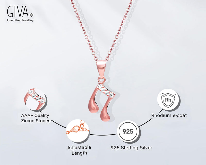 GIVA Women's 925 Sterling Silver Rose Gold Music Pendant with Link Chain Necklace to Gift With Certificate of Authenticity and 925 Hallmark