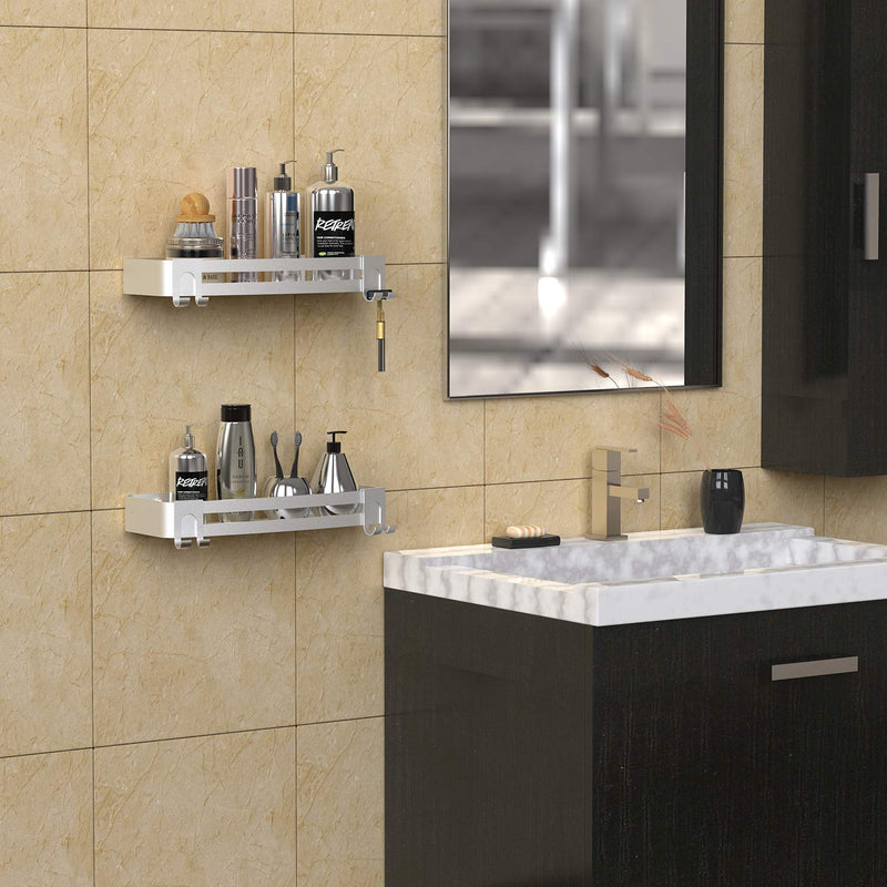 Vdomus Aluminum Shower Caddy Set – 2 Pack No Drill Wall Shelves with Razor Hooks